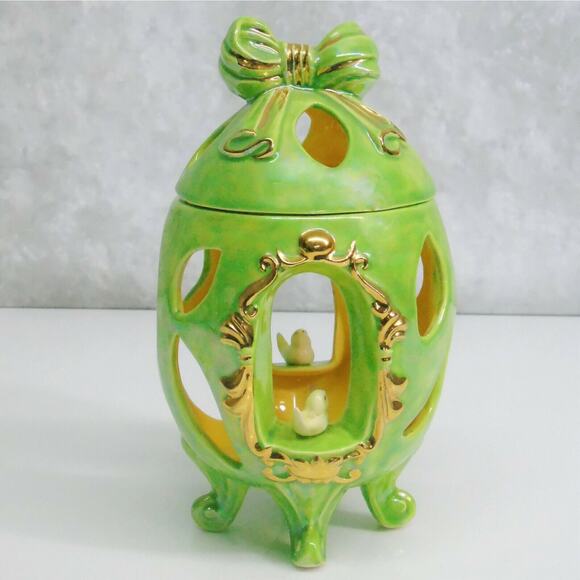 Arnel Easter Egg Canister & Lid Footed Green Gold Bow Bird Candle Holder Figure - Picture 8 of 8